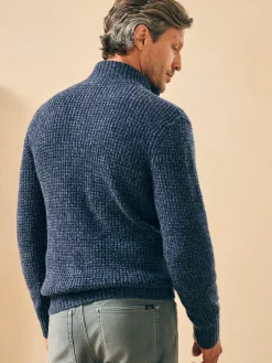 Cashmere Wool Quarter Button Sweater - Denim Melange